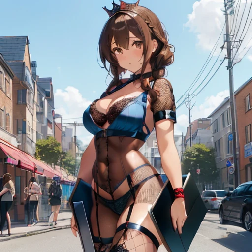 Fluffy hair,((Brown haired)),(Braided Short Hair),Slight red tide,((Brown eyes)),((blue and black lace queen cosplay)),(Checkered clothes),(Fishnet tights),((stiletto shoes)),(Clothing that clearly shows the lines of the body),((thick wristband)),((He is holding a large placard to his chest with both hands..)),(Holding the whiteboard in your hand),((My breasts are falling out of my clothes'T.)),A face that looks up and begs,(There is a smile on his face),((Face close-up)),(Watery eye),(Embarrassed face)