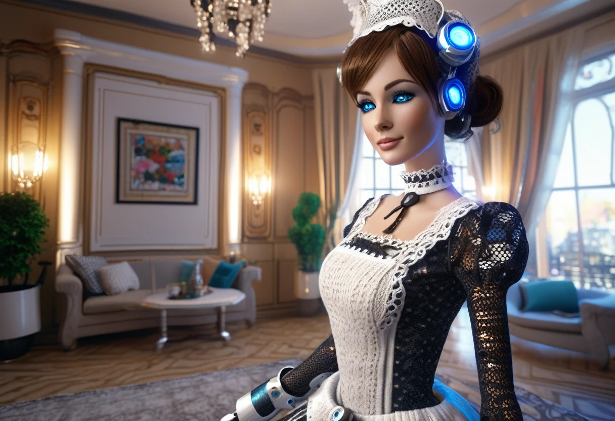 a robotic maid servant, a knitted french maid outfit with white lace trim, cleaning up a bachelor pad, extremely messy, detailed maid outfit, intricate lace details, shiny metal robot body, glowing blue eyes, highly detailed, photorealistic, 8k, high quality, realistic lighting, warm cozy colors, soft diffused lighting, cinematic