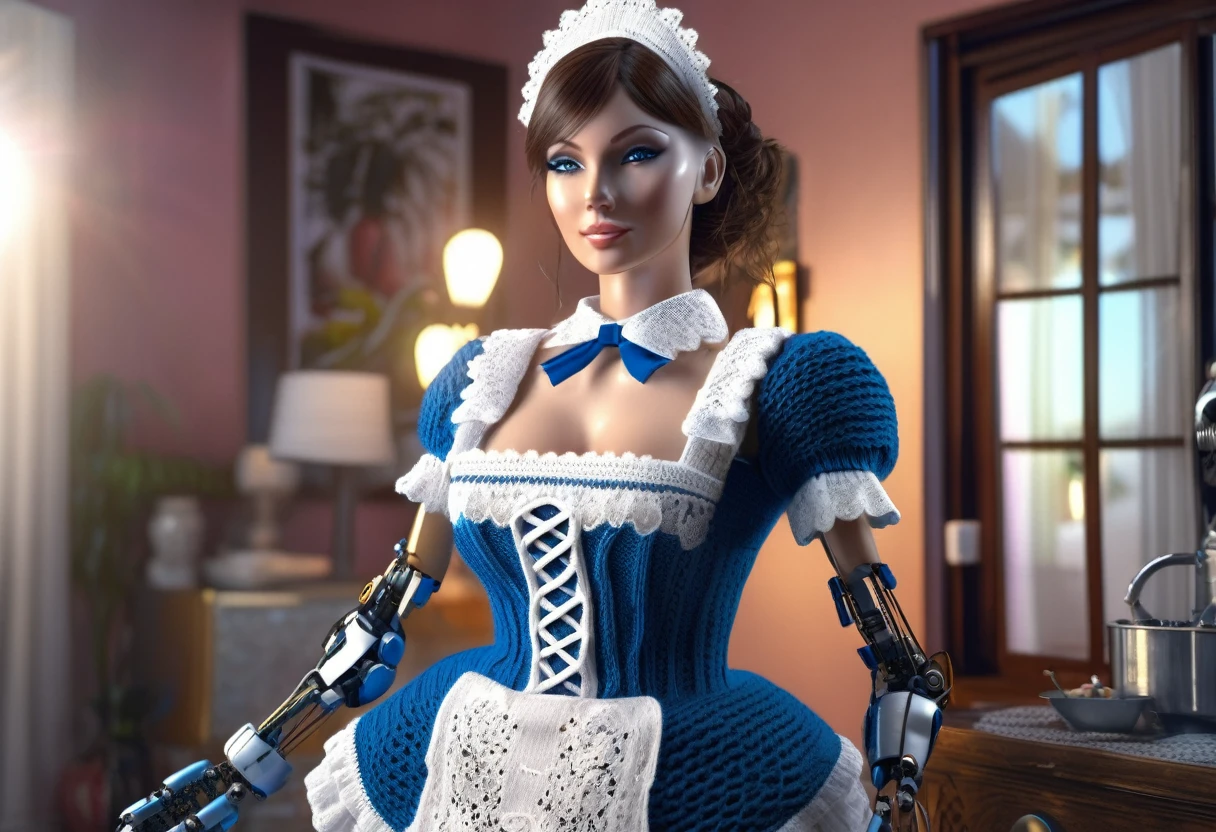 a robotic maid servant, a knitted french maid outfit with white lace trim, cleaning up a bachelor pad, extremely messy, detailed maid outfit, intricate lace details, shiny metal robot body, glowing blue eyes, highly detailed, photorealistic, 8k, high quality, realistic lighting, warm cozy colors, soft diffused lighting, cinematic