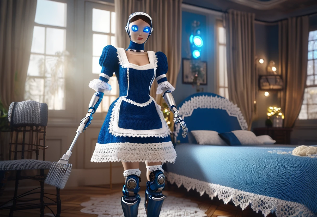 a robotic maid servant, a knitted french maid outfit with white lace trim, cleaning up a bachelor pad, extremely messy, detailed maid outfit, intricate lace details, shiny metal robot body, glowing blue eyes, highly detailed, photorealistic, 8k, high quality, realistic lighting, warm cozy colors, soft diffused lighting, cinematic