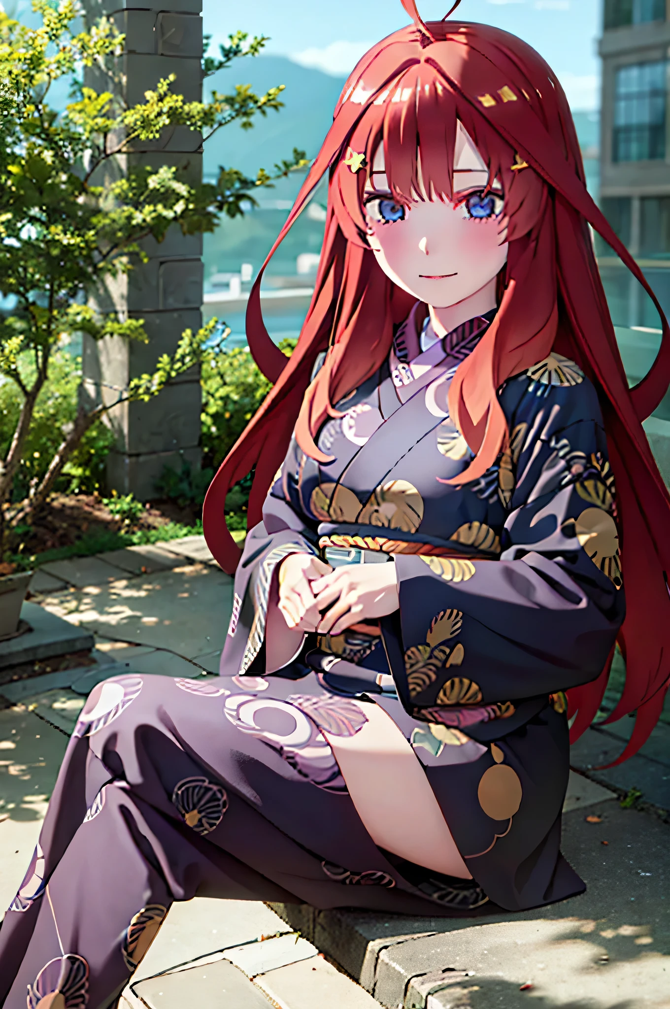 (Masterpiece, Best Quality:1.2), solo, 1girl, Itsuki  ,unamused, closed mouth, looking a viewer, hand on our face, sitting, Short black kimono ,big thighs,crossed legs