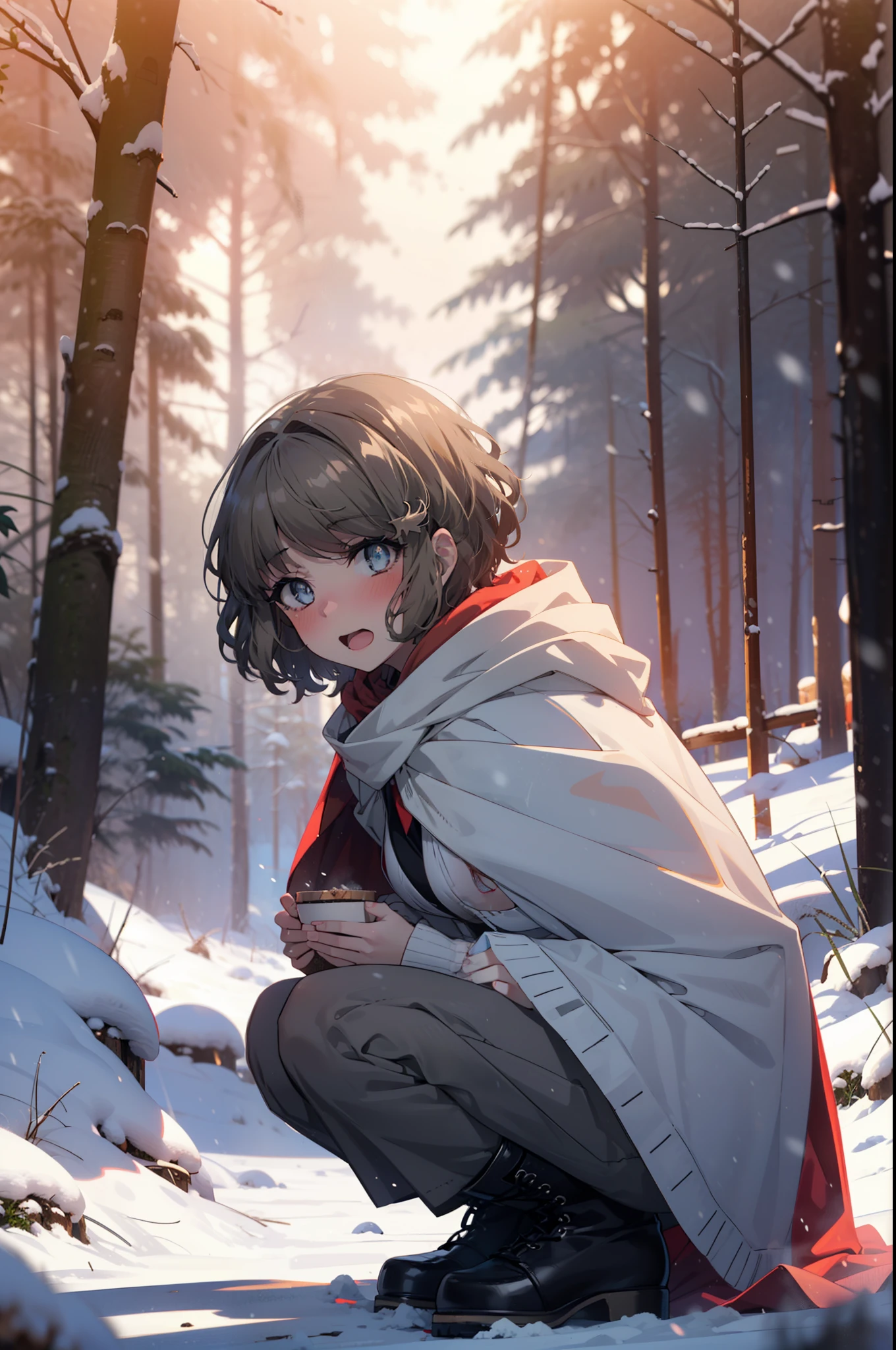 tomoekoga, Chie Koga, short hair, Brown Hair, blue eyes, hair band,smile,blush,White Breath,Center of chest,
Open your mouth,snow,Ground bonfire, Outdoor, boots, snowing, From the side, wood, suitcase, Cape, Blurred, having meal, forest, White handbag, nature,  Squat, Mouth closed, Cape, winter, Written boundary depth, Black shoes, red Cape break looking at viewer, Upper Body, whole body, break Outdoor, forest, nature, break (masterpiece:1.2), highest quality, High resolution, unity 8k wallpaper, (shape:0.8), (Beautiful and beautiful eyes:1.6), Highly detailed face, Perfect lighting, Highly detailed CG, (Perfect hands, Perfect Anatomy),