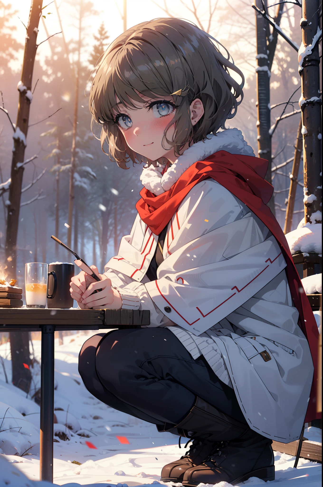 tomoekoga, Chie Koga, short hair, Brown Hair, blue eyes, hair band,smile,blush,White Breath,Center of chest,
Open your mouth,snow,Ground bonfire, Outdoor, boots, snowing, From the side, wood, suitcase, Cape, Blurred, having meal, forest, White handbag, nature,  Squat, Mouth closed, Cape, winter, Written boundary depth, Black shoes, red Cape break looking at viewer, Upper Body, whole body, break Outdoor, forest, nature, break (masterpiece:1.2), highest quality, High resolution, unity 8k wallpaper, (shape:0.8), (Beautiful and beautiful eyes:1.6), Highly detailed face, Perfect lighting, Highly detailed CG, (Perfect hands, Perfect Anatomy),