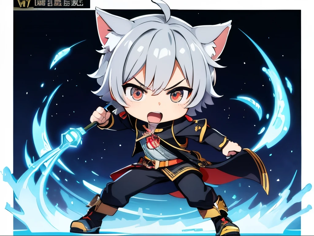(chibi:1.3),(Get angry),Full body pointing,masterpiece, A world where magic and technology coexist, Cat Eared Man(Gray Hair, short hair) ,(boy),Hone your skills,Let's go on a journey to uncover the secrets of power., Beautiful Eyes,depicted in detail. The magician makes the most of the potential of his abilities.,We must learn how to unlock the true potential of modern magic,masterpiece, Cat Eared Man,Gray Hair, short hair),depicted in detail,