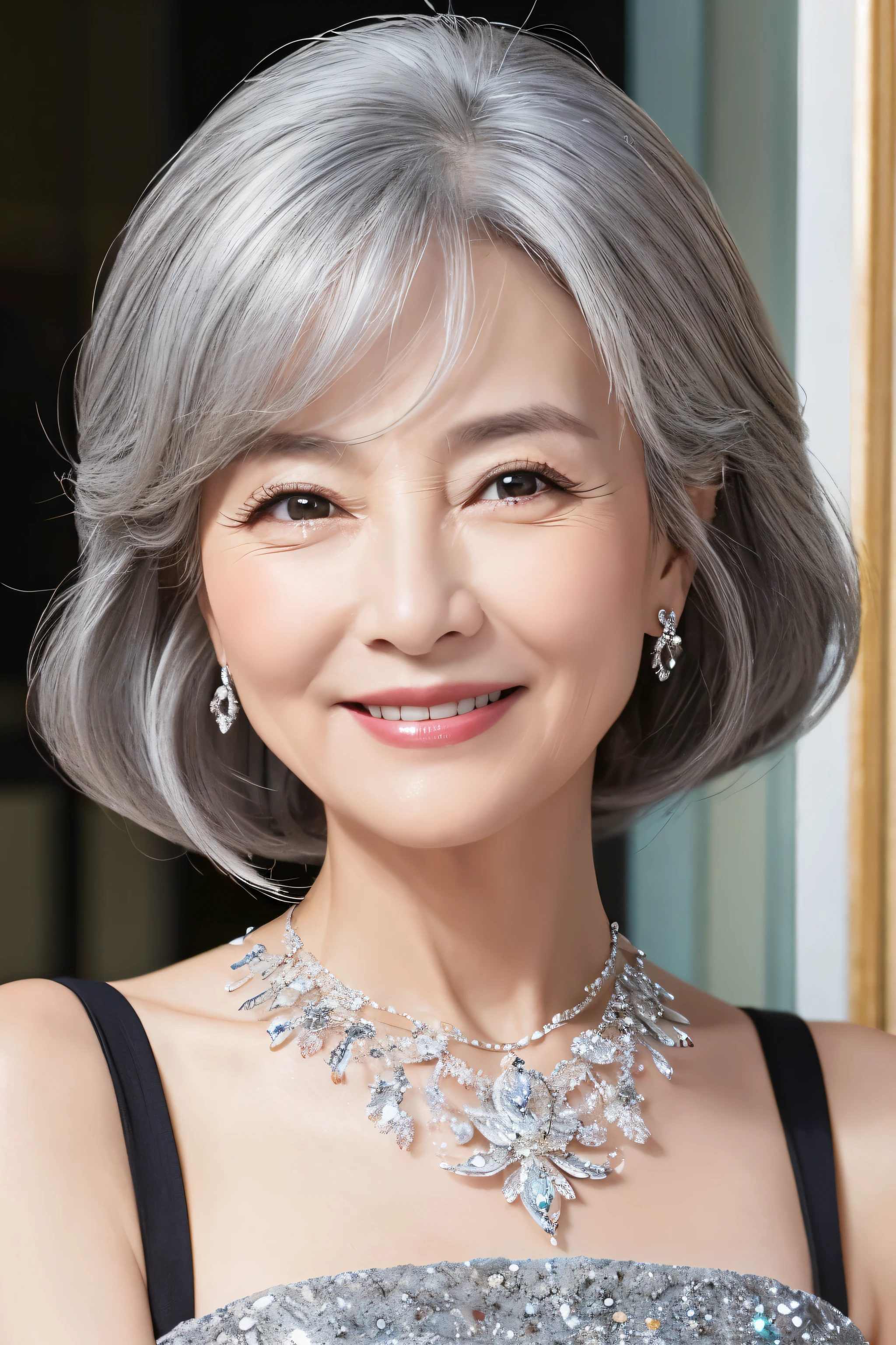62 years old。smile、Your eyes are sparkling、Gray Hair、upper class、dignity、haute couture、