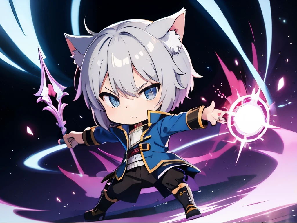 (chibi:1.3)，(Get angry)，Full body pointing，masterpiece, A world where magic and technology coexist, Cat Eared Man(Gray Hair, short hair) ，(boy)，Hone your skills，Let&#39;s go on a journey to uncover the secrets of power., Beautiful Eyes，depicted in detail. The magician makes the most of the potential of his abilities.，We must learn how to unlock the true potential of modern magic，masterpiece, Cat Eared Man，Gray Hair, short hair)，depicted in detail，