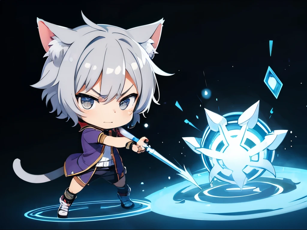 (chibi:1.3)，(Get angry)，Full body pointing，masterpiece, A world where magic and technology coexist, Cat Eared Man(Gray Hair, short hair) ，(boy)，Hone your skills，Let&#39;s go on a journey to uncover the secrets of power., Beautiful Eyes，depicted in detail. The magician makes the most of the potential of his abilities.，We must learn how to unlock the true potential of modern magic，masterpiece, Cat Eared Man，Gray Hair, short hair)，depicted in detail，