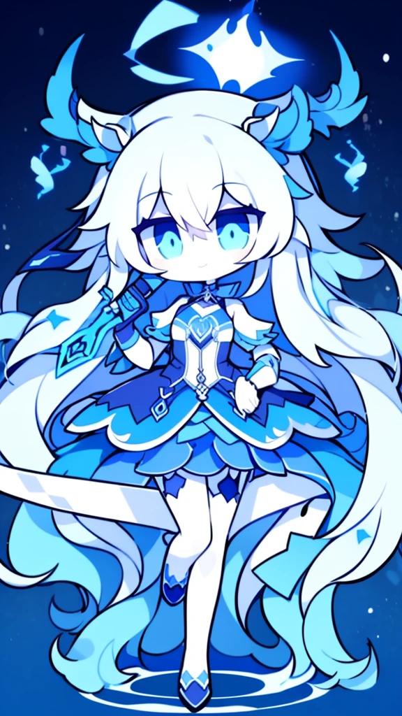 girl,k hd,4K,face expressionless,style of anime,sideface,blue color eyes,white color hair,((full body)),Confused eyes,(default character)SD character, masterpiece,best quality,ultra detailed,4K,super fine illustration,highly detailed beautiful face and eyes,cyan color scheme, lighting,fantasy,extremely solemn atmosphere,long hair,floating hair,smirk,fighting stance,dynamic pose,(holding glowing sword:1.3),particle light,luminescence,plasma,electric current,blue flame,sense of depth,dynamic angle,