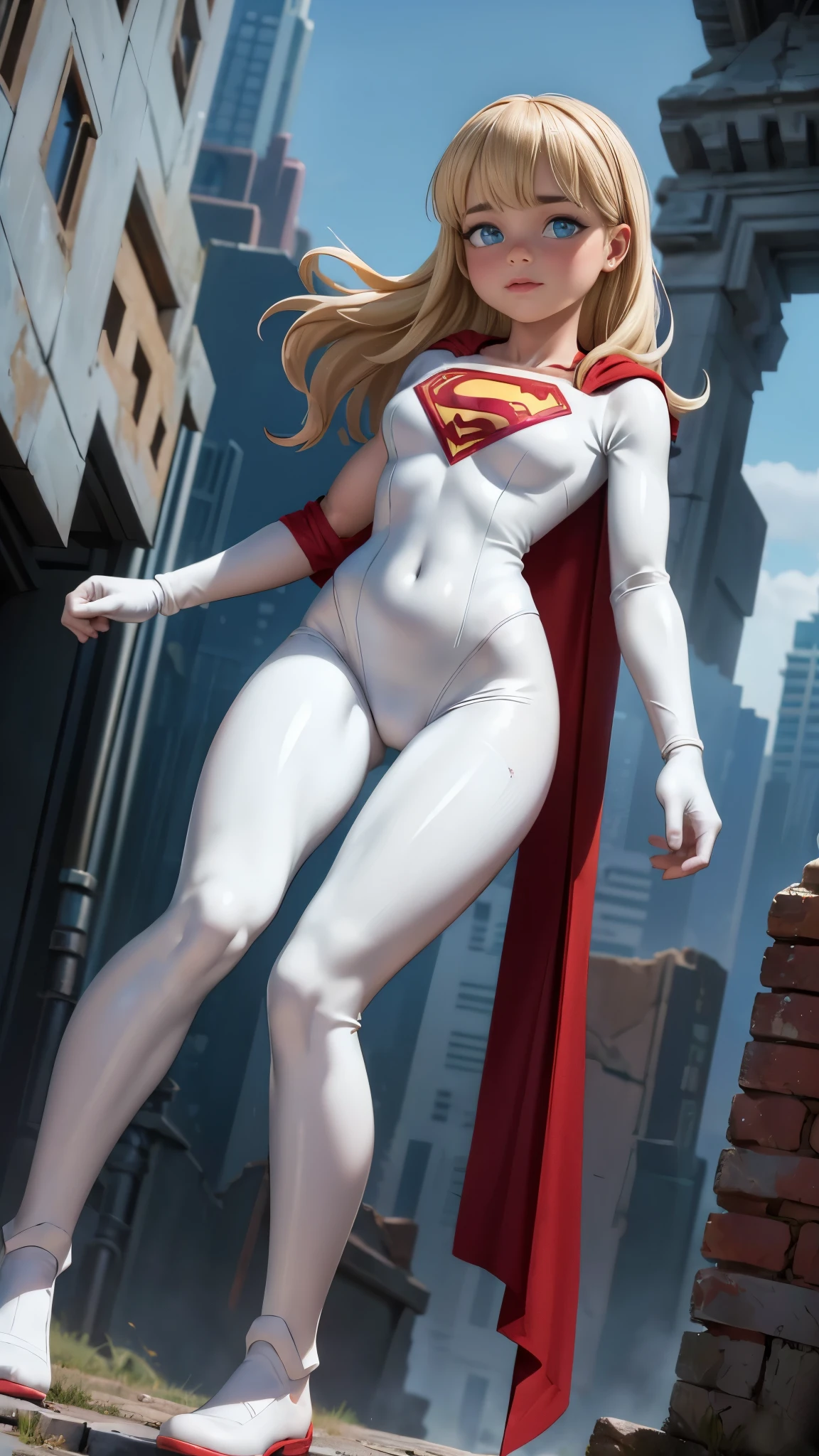 8K, Ultra HD, super details, high quality, high resolution. The heroine Supergirl looks beautiful in a full-length photo,(mini skirt white :1.4, her body is sculptural, her long wavy blonde hair is radiant in a perfect combination with her white skin, her bright blonde eyes mesmerize everyone. She is wearing her heroine outfit, a red skirt with a yellow belt, a very tight blue t-shirt with a big red S on the chest, Elta also wears a red cape and red boots. she looks very sexy drawing attention to her big breasts and thick legs as she flies through the sky.,(Fondo de ruinas de mazmorra en ruinas cyberpunk :1.4 ), (supergils superman :1.4), (vestuario white traje :1.4), (Detalles de la cara: 1.5, ojos azules brillantes, hermoso rostro, ojos bonitos, Contorno del iris, labios delgados: 1.5, Thin, sharp pale eyebrows, Long, dark eyelashes, double tabs),(mostrando panties white:1.4), (BodySuit white plastic :1.4) 