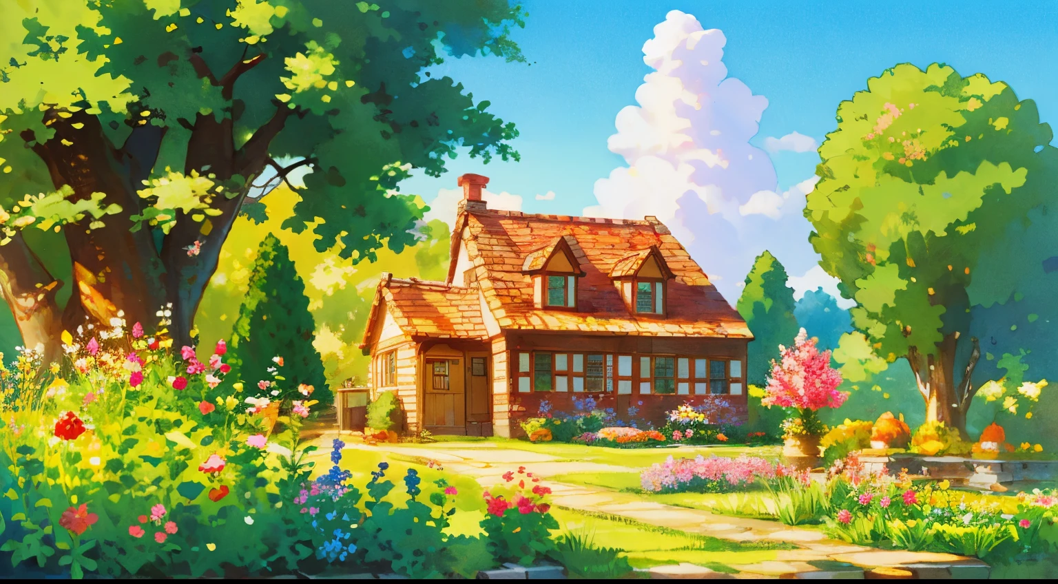 (((high quality))), detailed lighthouse,extremely detailed cliff under small apple tree,high resolution,absurd,high saturation,clear,rational construction,cartoon style,brick wall,building,bush,day,door, fence,field,flower, flower_field, garden, path, pink flower, grass, nature, house, no_humans, plant, potted plant