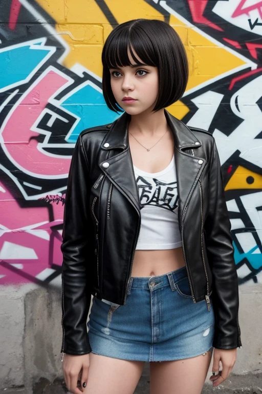 A modern interpretation of "Lolita" the movie, featuring a rebellious and confident teenage girl with a short bob haircut and a leather jacket, standing in front of a graffiti-covered wall.