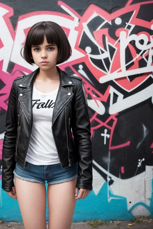 A modern interpretation of "Lolita" the movie, featuring a rebellious and confident teenage girl with a short bob haircut and a leather jacket, standing in front of a graffiti-covered wall.