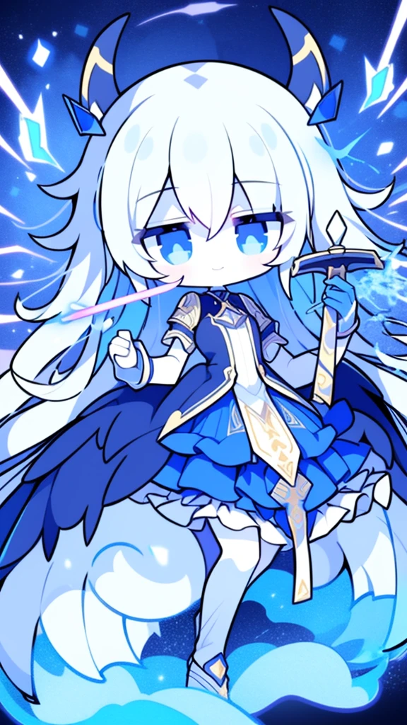  girl，k hd，4K，face expressionless，style of anime，sideface，blue color eyes，white color hair,((full body)),Confused eyes,(default character)SD character, masterpiece,best quality,ultra detailed,4K,super fine illustration,highly detailed beautiful face and eyes,cyan color scheme, lighting,fantasy,extremely solemn atmosphere,long hair,floating hair,smirk,fighting stance,dynamic pose,(holding glowing sword:1.3),particle light,luminescence,plasma,electric current,blue flame,sense of depth,dynamic angle,