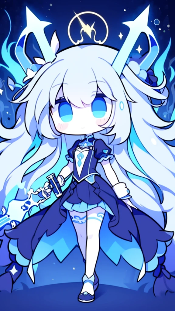 girl,k hd,4K,face expressionless,style of anime,sideface,blue color eyes,white color hair,((full body)),Confused eyes,(default character)SD character, masterpiece,best quality,ultra detailed,4K,super fine illustration,highly detailed beautiful face and eyes,cyan color scheme, lighting,fantasy,extremely solemn atmosphere,long hair,floating hair,smirk,fighting stance,dynamic pose,(holding glowing sword:1.3),particle light,luminescence,plasma,electric current,blue flame,sense of depth,dynamic angle,