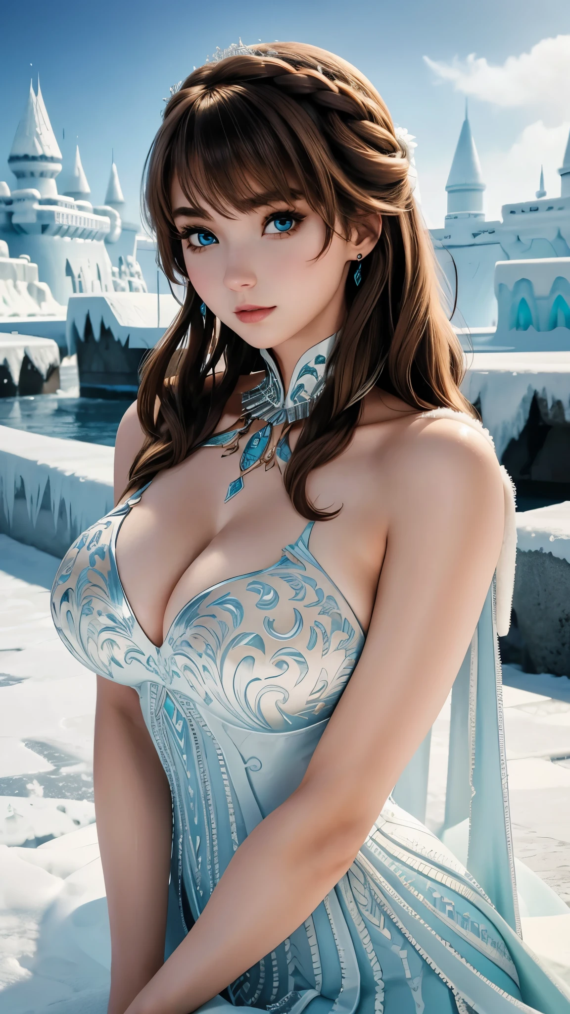 Anna super hot.  Neckline. Sexy. Busty. Background ice castle. Brown hair