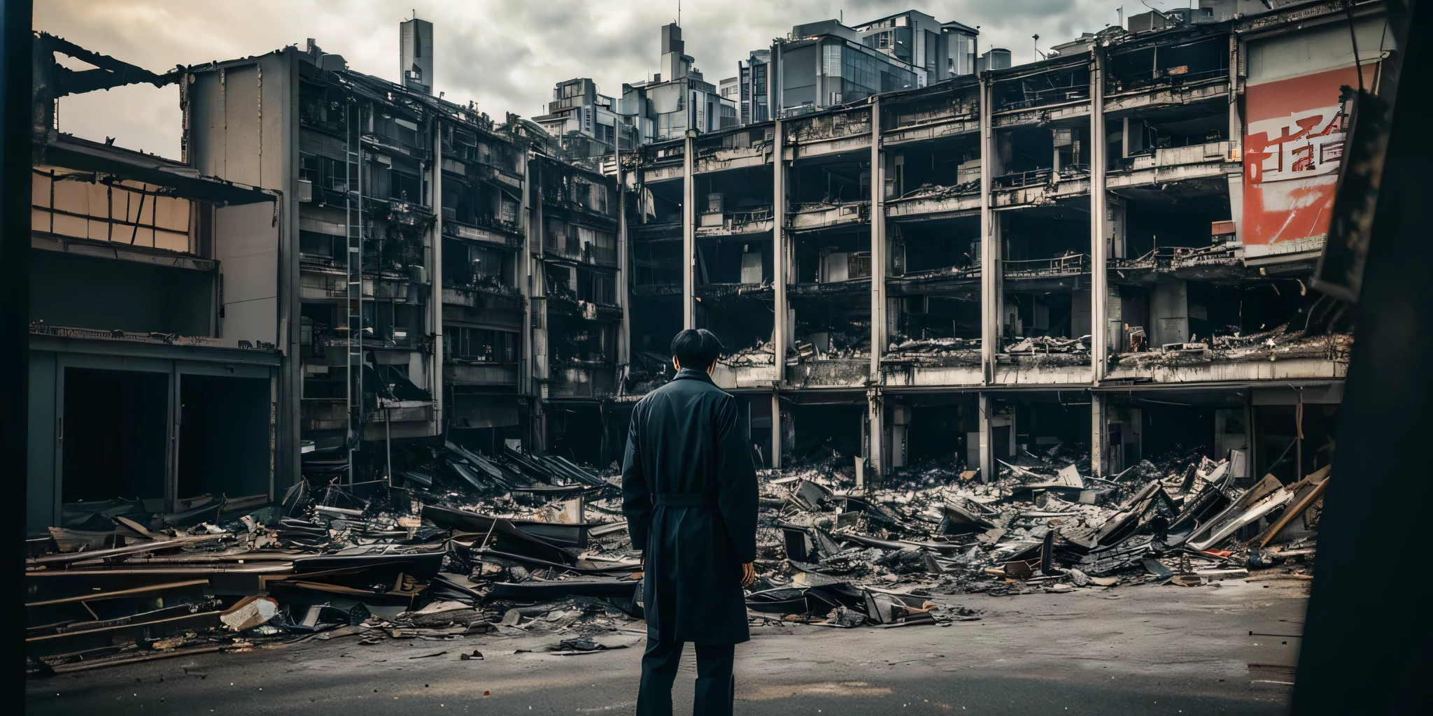 a man standing in front of a half-ruined , half burnt old mall, in the center of Tokyo, the city is behind the mall, detailed clothing, detailed environment, cinematic lighting, retro atmosphere, best quality, 8k, photorealistic, ultra-detailed