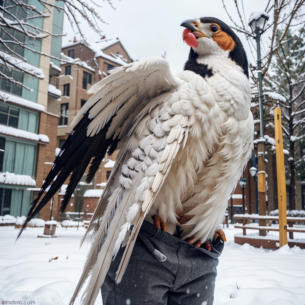 bird with feathers fursona with a big crotch in the snow