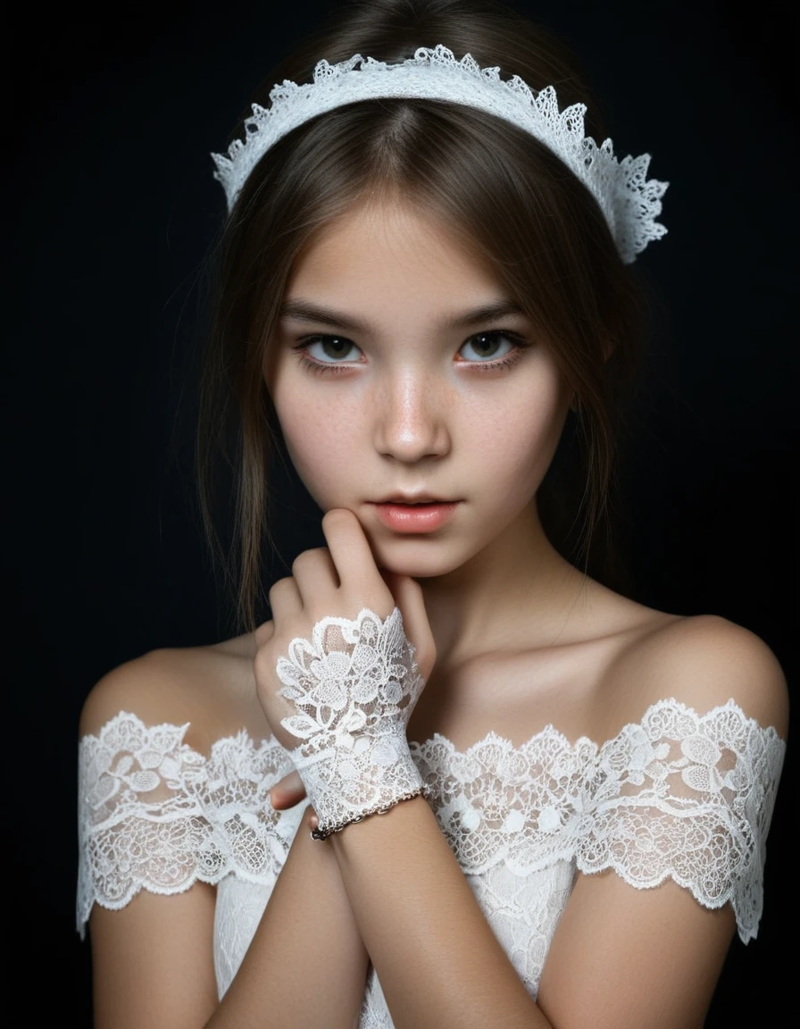 epic photography, 1girl, cute face, wearing a white lace as bracelet, intricate lace, white lace, black background, studio photo, masterpiece, best quality, amazing quality, very aesthetic, absurdres