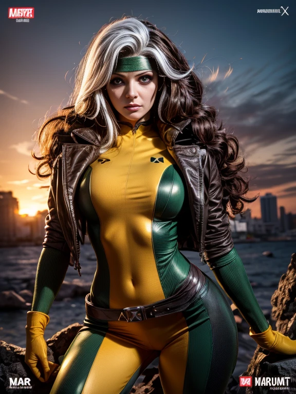 Kat Denningasterpiece, 4K de alta qualidade, villain (x-men), goth girl, Gothic sculpted body makeup, jaqueta marrom, bodysuit amarelo e verde, hugging wolverine (x-men), Altura: Aproximadamente 1,60m.
physicist: Robusto, extremamente musculoso.
Cabelo: Preto, grosso, desgrenhado, com formato de "orelhas de lobo".
Face: fierce expression, sobrancelhas grossas, olhos intensos, costeletas conectadas ao cavanhaque.
classic attire: Amarelo e azul com listras pretas, Mask with "orelhas" apontando para cima.
Garras: Three retractable adamantium claws on each hand, longas e afiadas.
Postura: Combativa, ready for action, expression of constant vigilance.
Detalhes Adicionais: visible scars, frequentemente com dentes cerrados, ocasionalmente fumando um charuto. Obra de arte, mais alta qualidade, tiro de vaqueiro, Uma garota, , Body Militar de Tecnologia, franja.