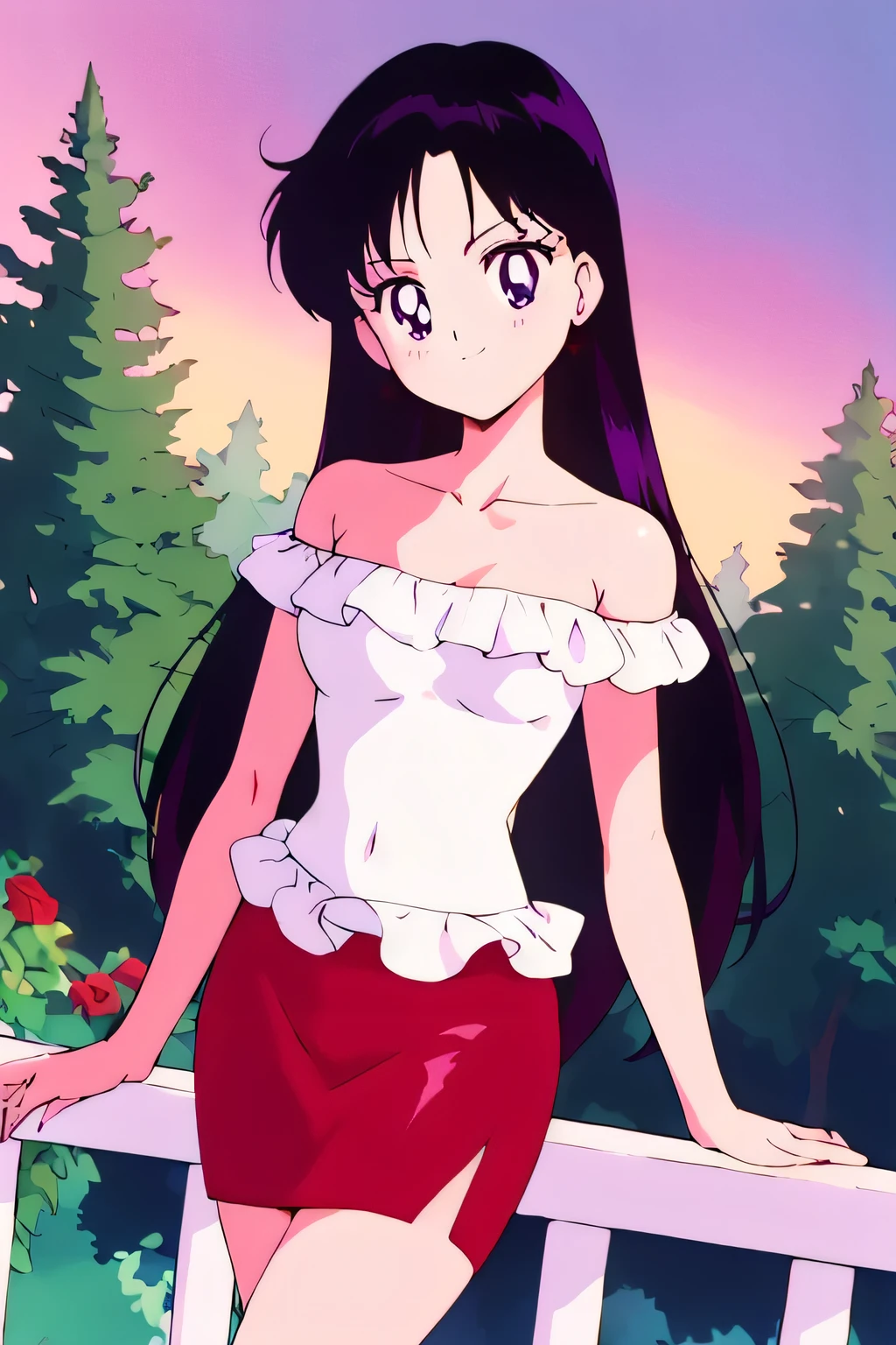 (retro anime girl:1.2), (masterpiece:1.2), (best quality), (ultra detailed), (8k,4k), (half body:1.2), (cowboy:1.2), (close up:1.2), (highly detailed:1.2), (White Ruffle Off-the-shoulder top:1.4), (red skin tight pencil skirt:1.4), Rei Hino, 1 girl, solo, Best quality, masterpiece, High Definition, Teenager, Purple Eyes, Beautiful Detail Eyes, Black Hair, Long Hair, Good hands at sides, Seductive Smile, Blushing, Bare Neck, Bare Arms, Bare Shoulders, short sleeve, Strapless, White Ruffle Off-the-Shoulder Top, red skin tight pencil skirt, standing at the railing in her garden, looking at viewers, garden, sunset skies, rose bushes, outdoor gazebo