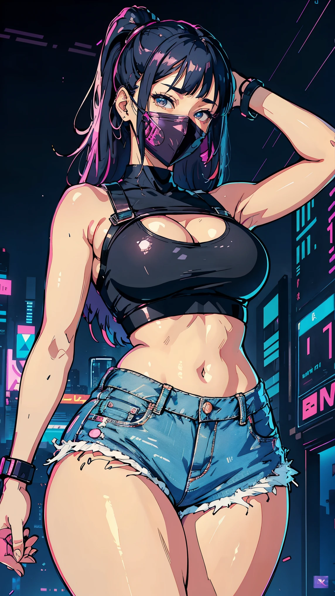 (Hinata Hyuga, whole body, Walking, Adult women, Very sensual, In tight clothes, Big Ass, Thick legs, Jean Shorts, Wearing a mini blouse, Navel comes out, Long Hair, Rear speakers, Very realistic, View of the Cyberpunk City, Clearly defined lines, Neon Lights Very Sexy, 8k, 8k Very detailed), (Very delicate and beautiful), (masterpiece), (Better Quality: 1.0), (Ultra-high resolution:1.0), ((Synthwave Background Theme)), whole body像, Vision