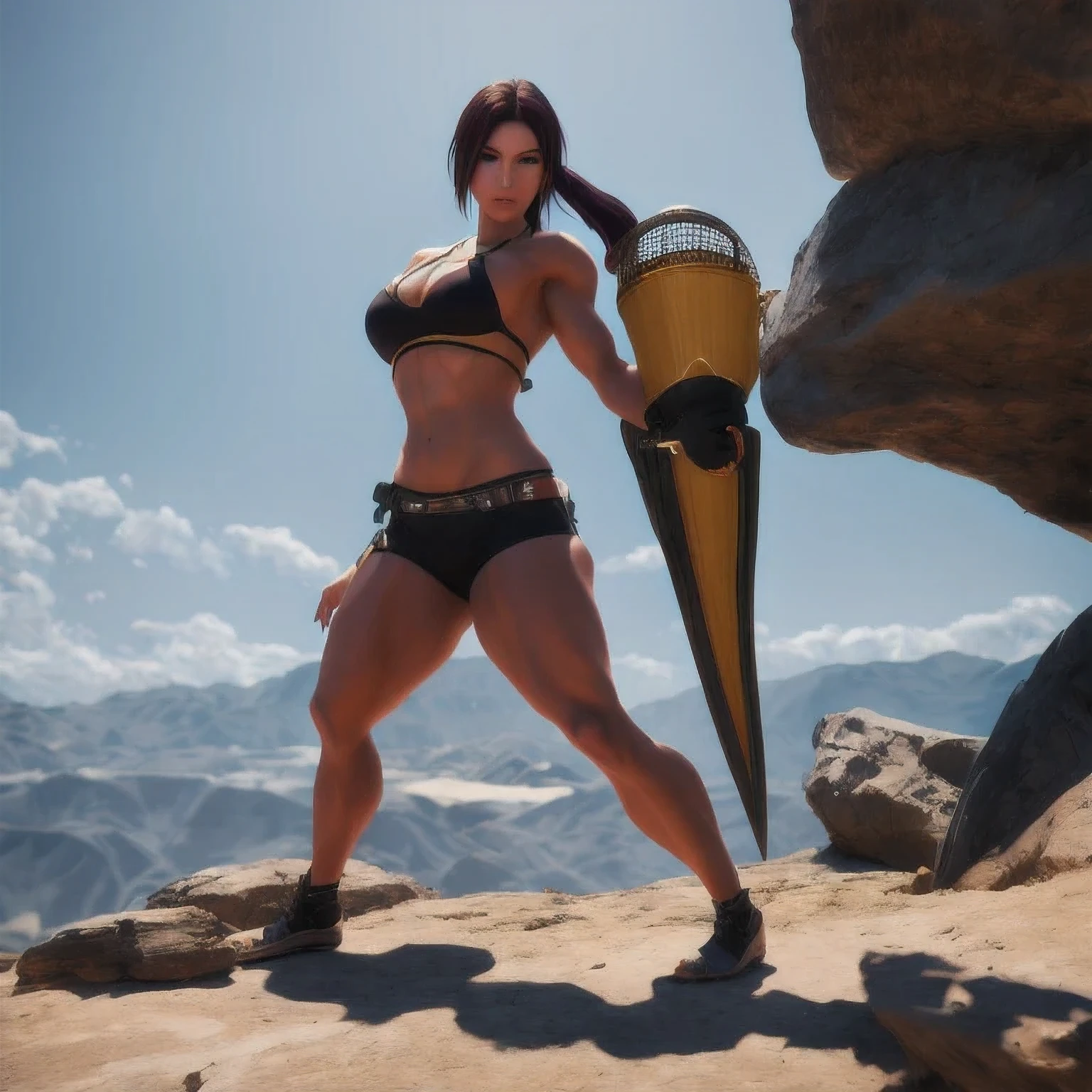 arafed woman in a bikini holding a baseball bat on a rock, muscular warrior women, unreal engine render + a goddess, fighter pose, badass pose, muscular sweat lara croft, fight pose, hot fire giantess, heroic muay thai stance pose, cinematic goddess body shot, akali from league of legends, dramatic powerful pose, fantasy style 8 k octane render(((perhaps))) sky,Degenerator