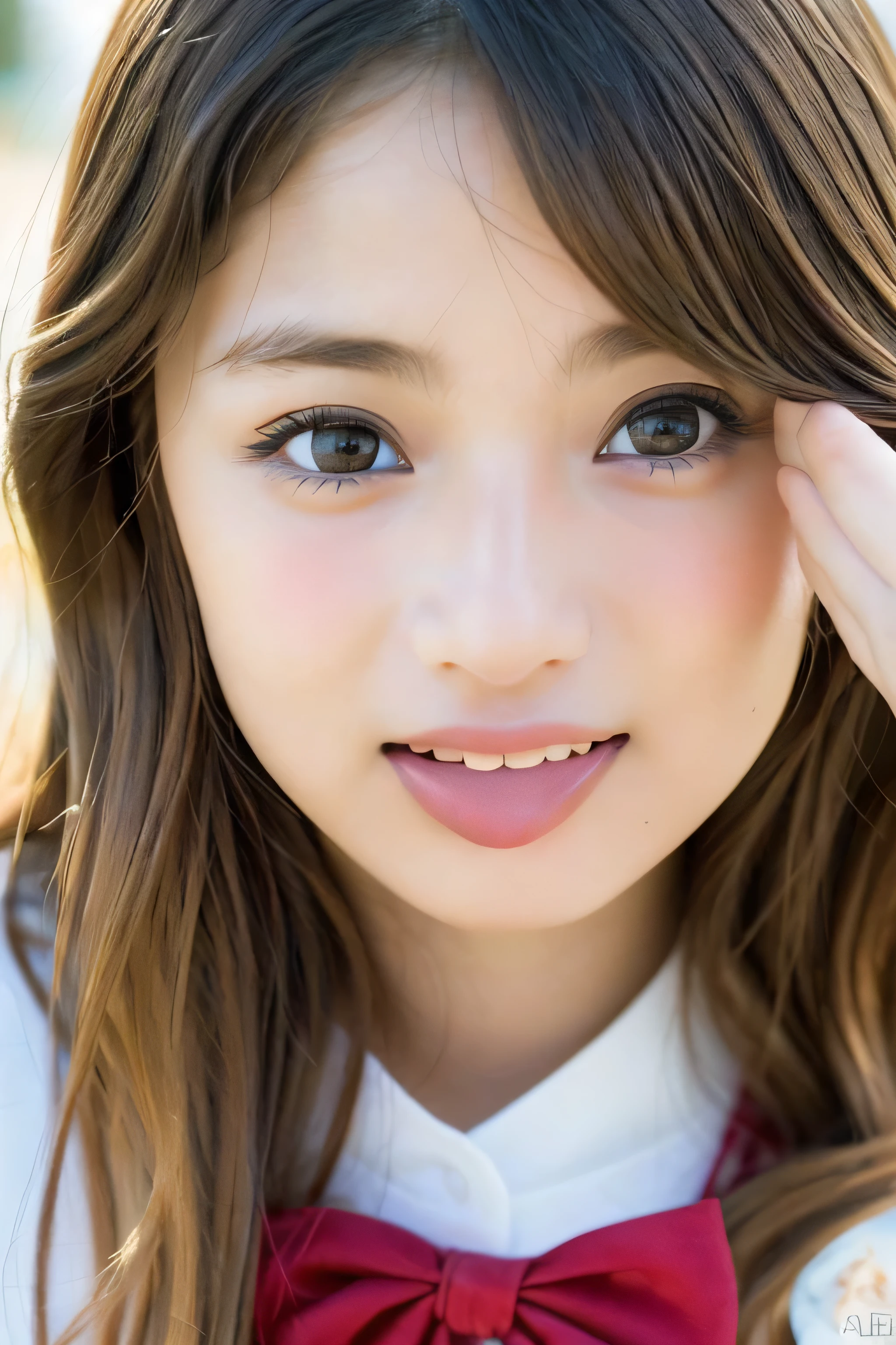 (Highest Resolution, clear_Image 1.2) 、(Beautiful girl with golden ratio face)、(15-year-old girl)、(Very lively eyes、wolf eyes 1.2)、wonderful, Tabletop, Attention to detail, Lip gloss、(((Twin-tailed rabbit style)))、Very beautiful girl、 alone, Beautiful girl like a model、(Long sleeve sailor suit、Very fine pleated scarf, Beautiful and exquisite, Attention to detail nose,((((Licking tongue)))、Top quality photo masterpiece、Amazing realism photography、Surrealist female portraits by David Hockney and Alphonse Mucha,(((Looking into the camera)))、((((Serious Eyes)))、(((Add highlights to the eyes)))、(((Looking into the camera)))、Smile happily,Perfect Makeup,smile,(14-year-old girl)、(Very lively eyes、wolf eyes 1.2)、