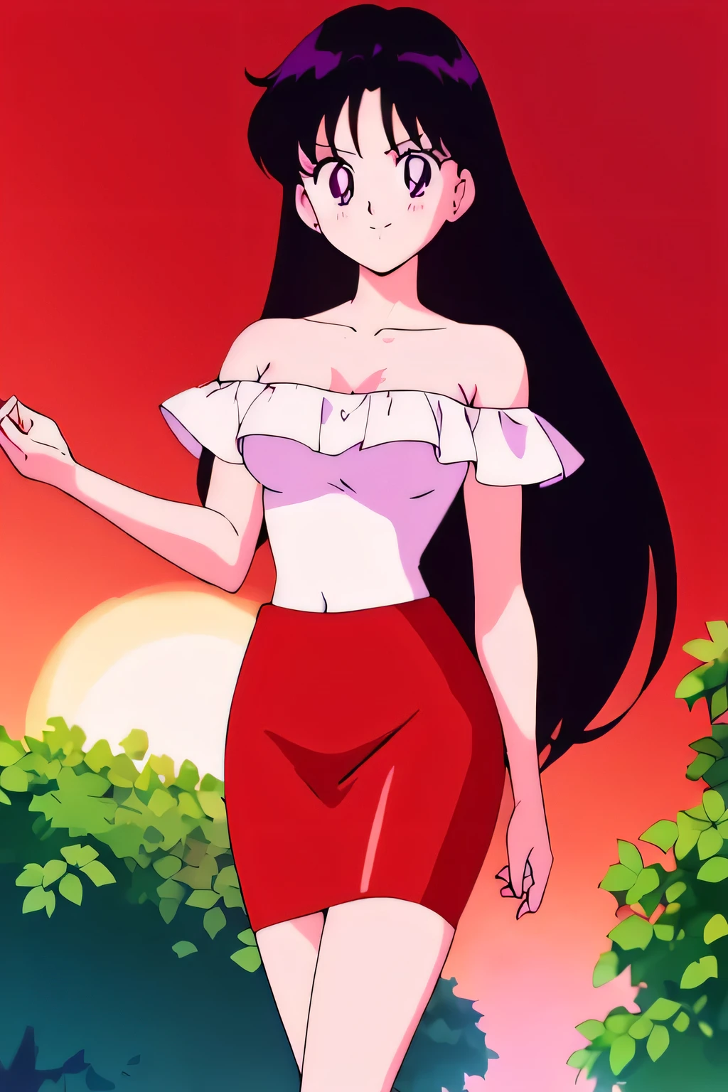 (retro anime girl:1.2), (masterpiece:1.2), (best quality), (ultra detailed), (8k,4k), (half body:1.2), (cowboy:1.2), (close up:1.2), (highly detailed:1.2), (White Ruffle Off-the-shoulder top:1.4), (red skin tight pencil skirt:1.4), Rei Hino, 1 girl, solo, Best quality, masterpiece, High Definition, Teenager, Purple Eyes, Beautiful Detail Eyes, Black Hair, Long Hair, Good hands at sides, Seductive Smile, Blushing, Bare Neck, Bare Arms, Bare Shoulders, short sleeve, Strapless, White Ruffle Off-the-Shoulder Top, red skin tight pencil skirt, standing at the railing in her garden, looking at viewers, garden, sunset skies, rose bushes, outdoor gazebo