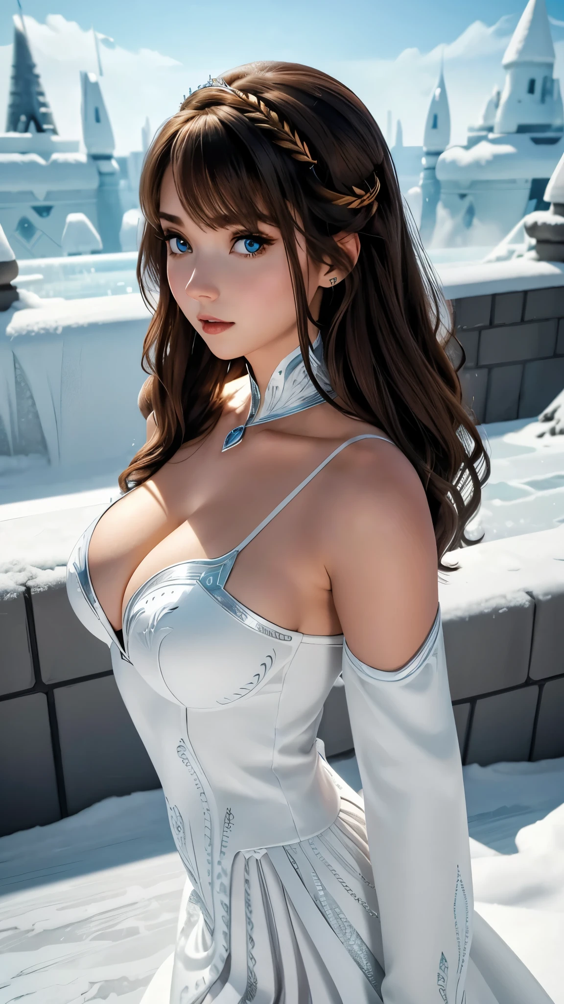 Anna super hot. Neckline. Sexy. Busty. Background ice castle. Brown hair