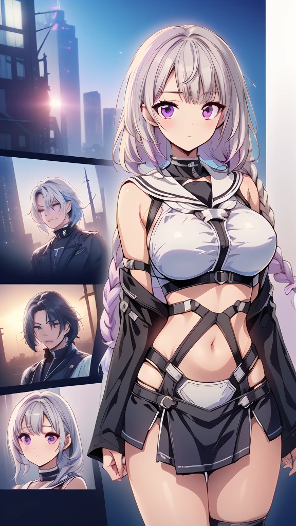 (masterpiece, highest quality), detailed, comics, Manga Page, Doujinshi, Download contents, anime, Branch Panel, (From right to left, Top to bottom),  17-year-old high school student、1girl、The girl has long, straight hair with a milky white color on top and a purple gradient towards the ends.、Braided with two knots、cyberpunk sailor suit、 17-year-old high school studentの男女の出会い, 1boy, (others boys, Various random faces, Various random hairs), (1boy, boy, Short white hair, Cyberpunk , detailedが満載)、The girl&#39;s characteristic is yinji,1girl,solo, purple eyes, long hair, twin braids, purple hair, multicolored hair, elbow gloves, bangs, very long hair,bare shoulders, black skirt, grey hair, dress, smile, side cutout,covered navel, side cutout,
