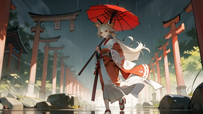 (masterpiece, best quality) detailed, ,Fox Ear Beauty,Red and white miko kimono,long silver hair ,elegant, (Fox ears),Red Eyeshadow, ,whole body,Holding a paper umbrella,Exposing thighs,Fushimi Inari Taisha Shrine Fantastic mystery wonderland,Rainy Day,Walking on the gravel road