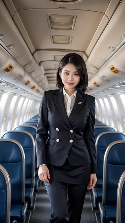 1beautiful womanl, 28years、hyperdetailed face、Detailed lips、A detailed eye、double eyelid、(Black bob hair、Smiling while walking gracefully down the aisle)、(Stewardess uniform:1.2)、(Glamorous body)、(Colossal tits)、thighs thighs thighs thighs, Perfect fit, Perfect image realism, Background with: (Business Class aisle on airplanes:1.2), Cowboy Shot, Meticulous background, detailed costume, Perfect litthing、Hyper-Realism、(Photorealsitic:1.4)、8K maximum resolution, (masterpiece), ighly detailed, Professional