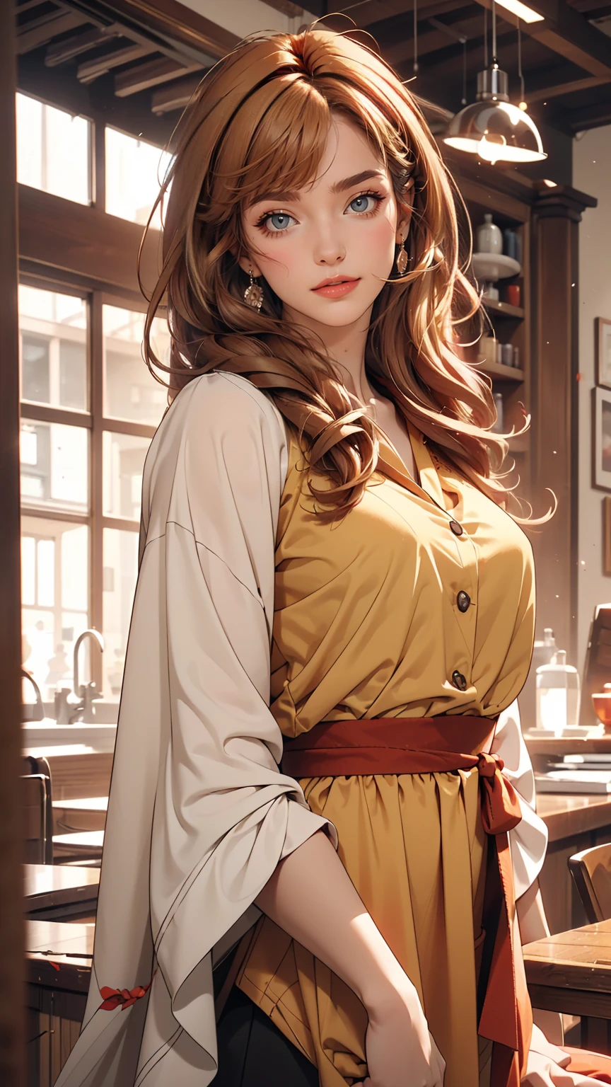 (((One girl))), ((((alone)))), ((Messy hairstyle)), Stand and take a photo, (((Reddish yellow hair)), Red eyes, Soft blouse