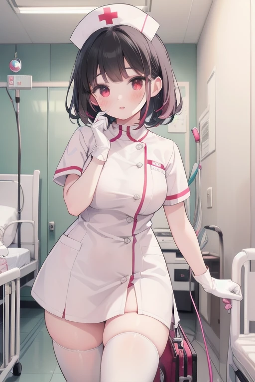 1girl, solo, nurse, nurse cap, white wear, ((white legwear, zettai ryouiki)), white gloves, pink hair,  drooping eyes, ((covered nose)), standing, ((hospital room)), sharp outline, short sleeves, best quality, masterpiece，Fleshy，Red eyes，Fleshy，Black hair，happy