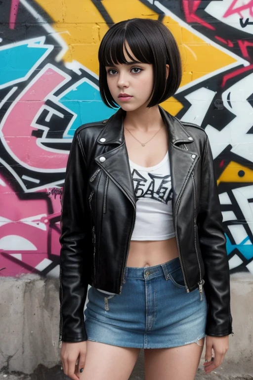 A modern interpretation of "Lolita" the movie, featuring a rebellious and confident teenage girl with a short bob haircut and a leather jacket, sitting legs opened in front of a graffiti-covered wall.