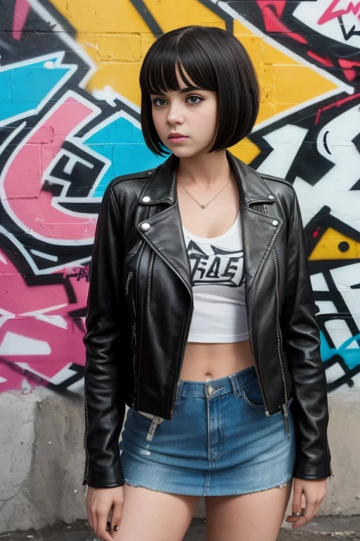 A modern interpretation of "Lolita" the movie, featuring a rebellious and confident teenage girl with a short bob haircut and a leather jacket, sitting legs opened in front of a graffiti-covered wall.