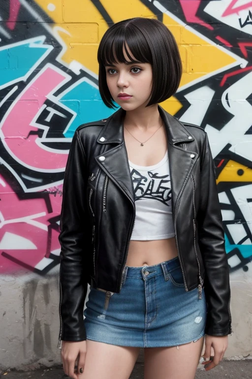 A modern interpretation of "Lolita" the movie, featuring a rebellious and confident teenage girl with a short bob haircut and a leather jacket, sitting legs opened  in front of a graffiti-covered wall.