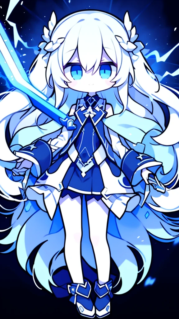 girl,k hd,4K,face expressionless,style of anime,sideface,blue color eyes,white color hair,((full body)),Confused eyes,(default character)SD character, masterpiece,best quality,ultra detailed,4K,super fine illustration,highly detailed beautiful face and eyes,cyan color scheme, lighting,fantasy,extremely solemn atmosphere,long hair,floating hair,smirk,fighting stance,dynamic pose,(holding glowing sword:1.3),particle light,luminescence,plasma,electric current,blue flame,sense of depth,dynamic angle,