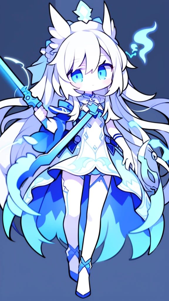  girl，k hd，4K，face expressionless，style of anime，sideface，blue color eyes，white color hair,((full body)),Confused eyes,(default character)SD character, masterpiece,best quality,ultra detailed,4K,super fine illustration,highly detailed beautiful face and eyes,cyan color scheme, lighting,fantasy,extremely solemn atmosphere,long hair,floating hair,smirk,fighting stance,dynamic pose,(holding glowing sword:1.3),particle light,luminescence,plasma,electric current,blue flame,sense of depth,dynamic angle,