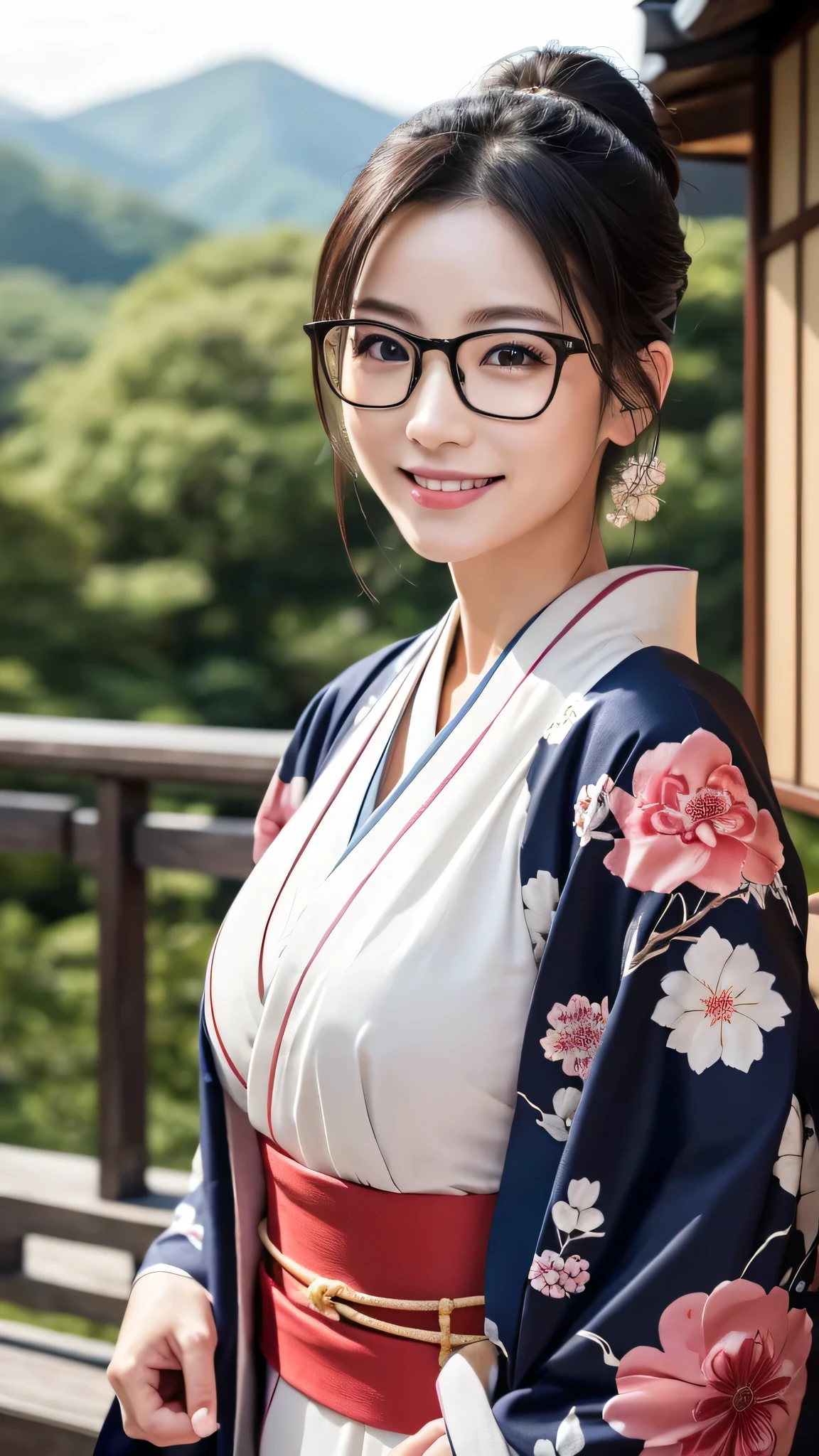 (Super beautiful woman in kimono)、((highest quality、8K masterpiece:1.3))、sharp focus:1.2、(super beautiful face:1.0)、(shiny skin:1.0)、realistic pictures、black hair、video lighting、High resolution eyes and face、video lighting、japanese actress、from the front、big breasts、with a happy smile、Slender abs beauty、whole body、wearing a kimono、in Kyoto、(((luxury obi)))、In Kyoto at night、wearing glasses with no edge、Brush your hair up with your fingers.