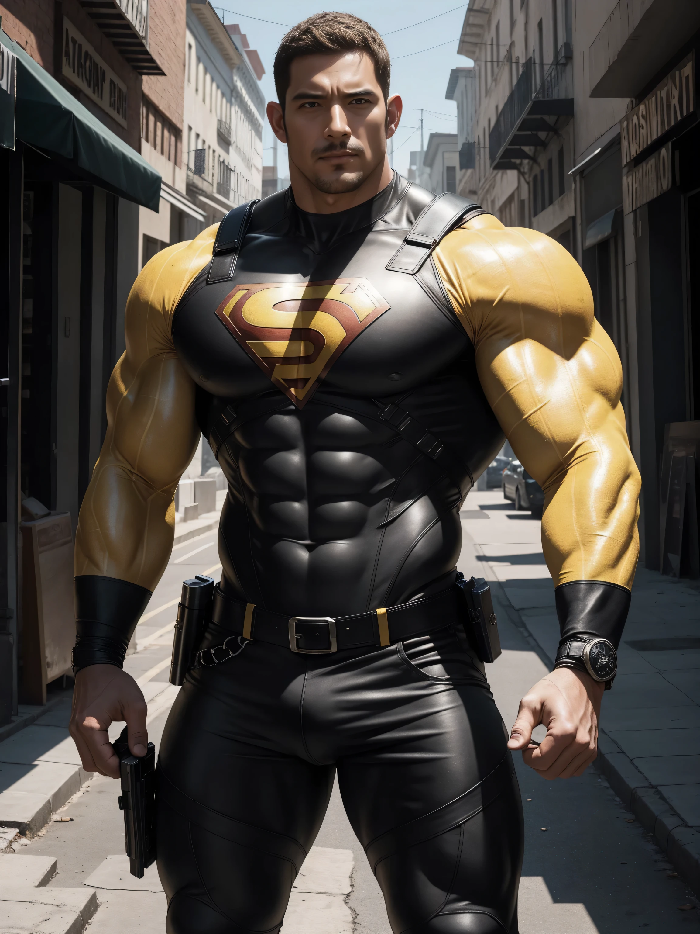 Angry super muscular man, Buzz Cut,On the old-style outdoor street under the hot sun, Wear the long-sleeved Dark Yellow Superhero Marble Bodysuit, Marble texture,Clothes are very dirty with mud stains,The expression is arrogant, Thick thighs, Messy hair, Thick thighs, High collar, long sleeves, Dark Yellow superhero bodysuit, very tight, Regular symmetrical pattern, Highlight muscles, Police uniform pants, character concept(Resident Evil - Chris Redfield, Chris Redfield)A proud expression, Deep and charming eyes, Heroic male pose, tall Burly, muscular!muscular thighs, tough guy, perfect facial features, High, Burly, Heqiang, Super polished and cool, High Resolution Committee, Charismatic, The sun is blazing, dazzling
