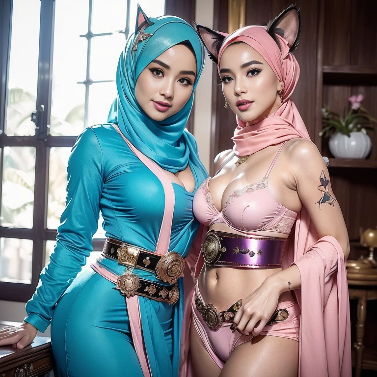 (((NSFW Girlsis naked and nude, pink tit's))), malay, The whole body consists of a young girl with hijab bikinis Kimono, Eye makeup, 38 year old, Cat ears, Soft lighting, groups, Wear shabby clothes, Dirty, red futuristic military uniform, Cat's paw badge, Pose, spot color, rendering by octane, Ultra-realistic intricate details, big breasts, big breasts, big breasts, two MAPAY women in lingerie posing for a picture in a room, oppai, posing together in bra, red bra, all red, Two:2 malay girls, Group,long big hijab, blue eyes, medium hijab, superhero, blue and white leotard, leggings, boots, hands on hip, top of building, very windy, city background, bokeh, nighttime, high quality, ultra detail, 8k, action pose, cinematic lighting, lot of smoke effect, dramatic action, fighting pose, style raw, 35mm lense, low angle Shot, Deep Focus cinematography effect, Natural Lighting, cool-toned color grading, high quality, ultra detail, 8k resolution, using Canon EOS C700, Best quality, high resolution, Masterpiece: 1.3, Beautiful Malay hijab girl, Masterpiece, Soft smile, Realistic, Charming eyes, Glowing eyes, Parted lips, Modest attire, Malay traditional hijab, graceful figure, Aesthetics of the female body in hijab, Serene setting, Sunlight filtering through leaves, Beautifully detailed clothing, intricate hijab patterns, Cultural immersion, Ethnic diversity, Feminine elegance. 3D Octane rendering, ray tracing, super detailing viewer, close-up.Malay girl with hijab, Eye makeup (((highest quality)), (super detailed), 2 girls, (iridescent hair, colorful hair, half blue and half pink hair: 1.2), (Gorgeous Malay Girls: 1.2), outdoor, bangs, smile, sky blue eyes, perfect hands, perfect hands, hand details, corrected fingers. Earrings, Night Store + Background, looking_at_viewer, Cowboy Shot, Top Quality, Rich Detail, Perfect Image Quality, big breasts, slender body, morning time, smiling, happy, bright sunshine, beach, blurred background, bokeh,realistic, ultra-detailed, 