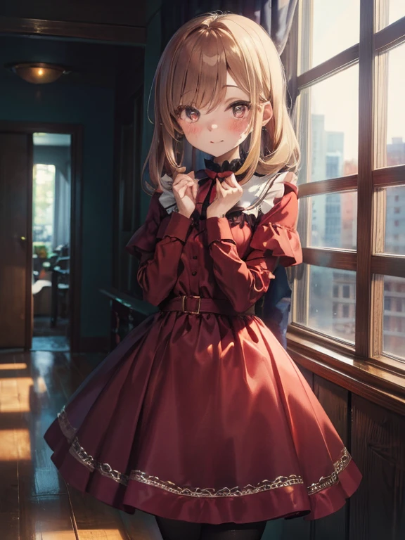 (masterpiece, best quality), 1girl, red dress, pantyhose, cute face, blush,