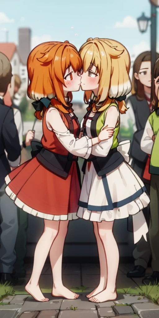 Body position: Standing, straight, symmetrical, barefoot, Lustful smile on face with red blush, 2 girls who gets married and stands in front of many people, kissing
