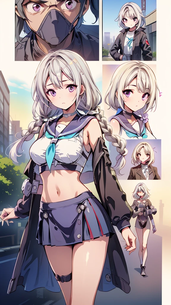 (masterpiece, highest quality), detailed, comics, Manga Page, Doujinshi, Download contents, anime, Branch Panel, (From right to left, Top to bottom),  17-year-old high school student、1girl、The girl has long, straight hair with a milky white color on top and a purple gradient towards the ends.、Braided with two knots、cyberpunk sailor suit、 17-year-old high school studentの男女の出会い, 1boy, (others boys, Various random faces, Various random hairs), (1boy, boy, Short white hair, Cyberpunk , detailedが満載)、The girl&#39;s characteristic is yinji,1girl,solo, purple eyes, long hair, twin braids, purple hair, multicolored hair, elbow gloves, bangs, very long hair,bare shoulders, black skirt, grey hair, dress, smile, side cutout,covered navel, side cutout,
