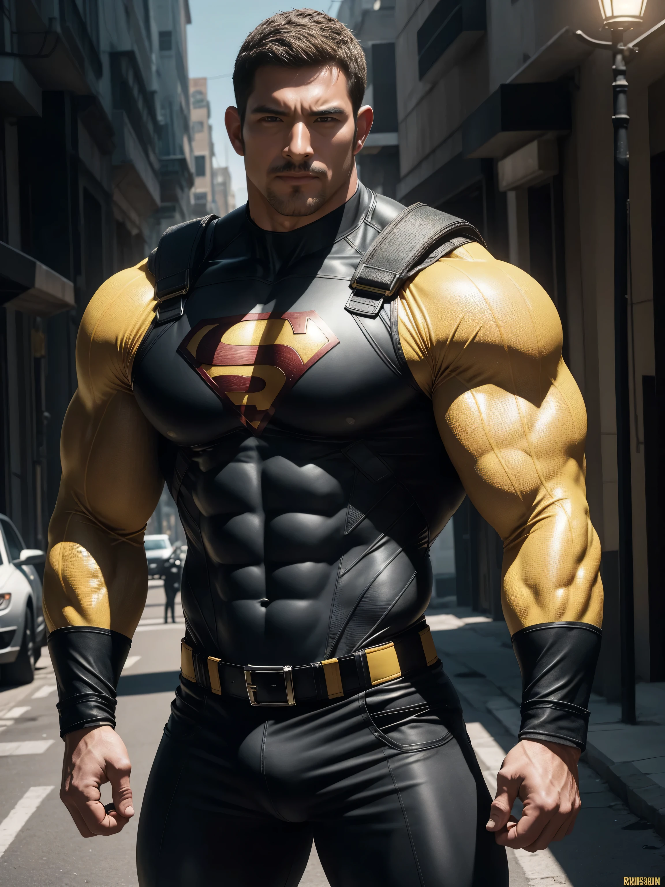 Angry super muscular man, Buzz Cut,On the old-style outdoor street under the hot sun, Wear a long-sleeved Dark Yellow superhero bodysuit, Very dirty,ClothesVery dirty mud stains,The expression is arrogant, Thick thighs, Messy hair, Thick thighs, High collar, long sleeves, Dark Yellow superhero bodysuit, very tight, Regular symmetrical pattern, Highlight muscles, Police uniform pants, character concept(Resident Evil - Chris Redfield, Chris Redfield)A proud expression, Deep and charming eyes, Heroic male pose, tall Burly, muscular!muscular thighs, tough guy, perfect facial features, High, Burly, Heqiang, Super polished and cool, High Resolution Committee, Charismatic, The sun is blazing, dazzling