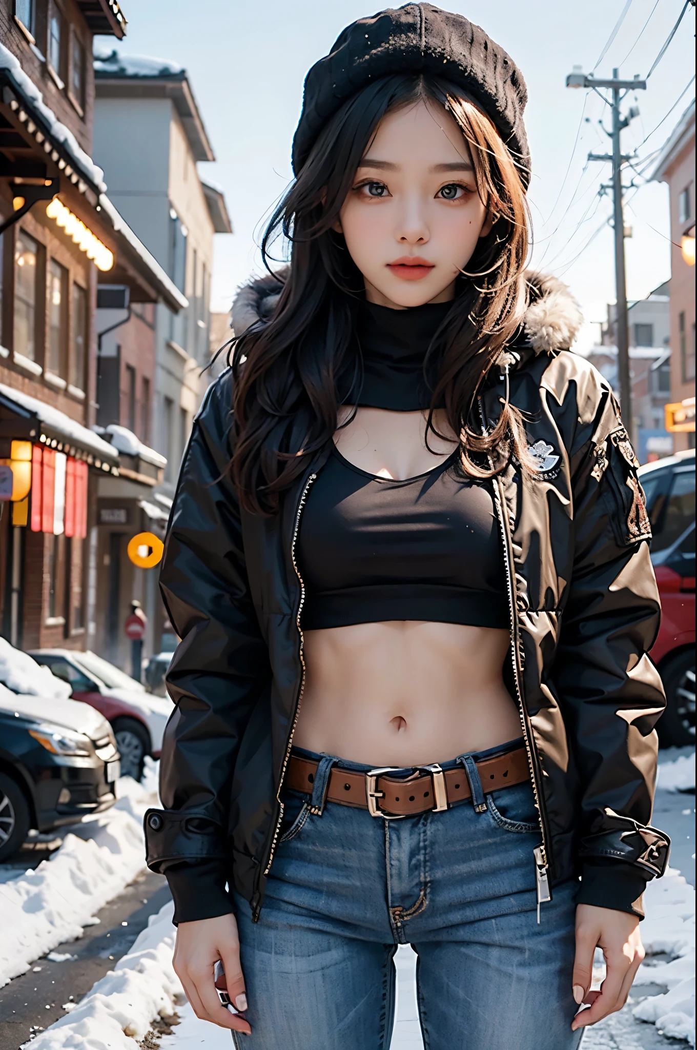 girl in winter scene, Short belly-baring down jacket, Low-rise pants, metal belt, Seven-point lens, The abdomen is completely exposed, Detailed facial features, beautiful eyes, Lips, and long eyelashes, Reality, 8K, Very detailed, Studio Lighting, Dramatic Lighting, Bright colors, Composition, Cold winter atmosphere