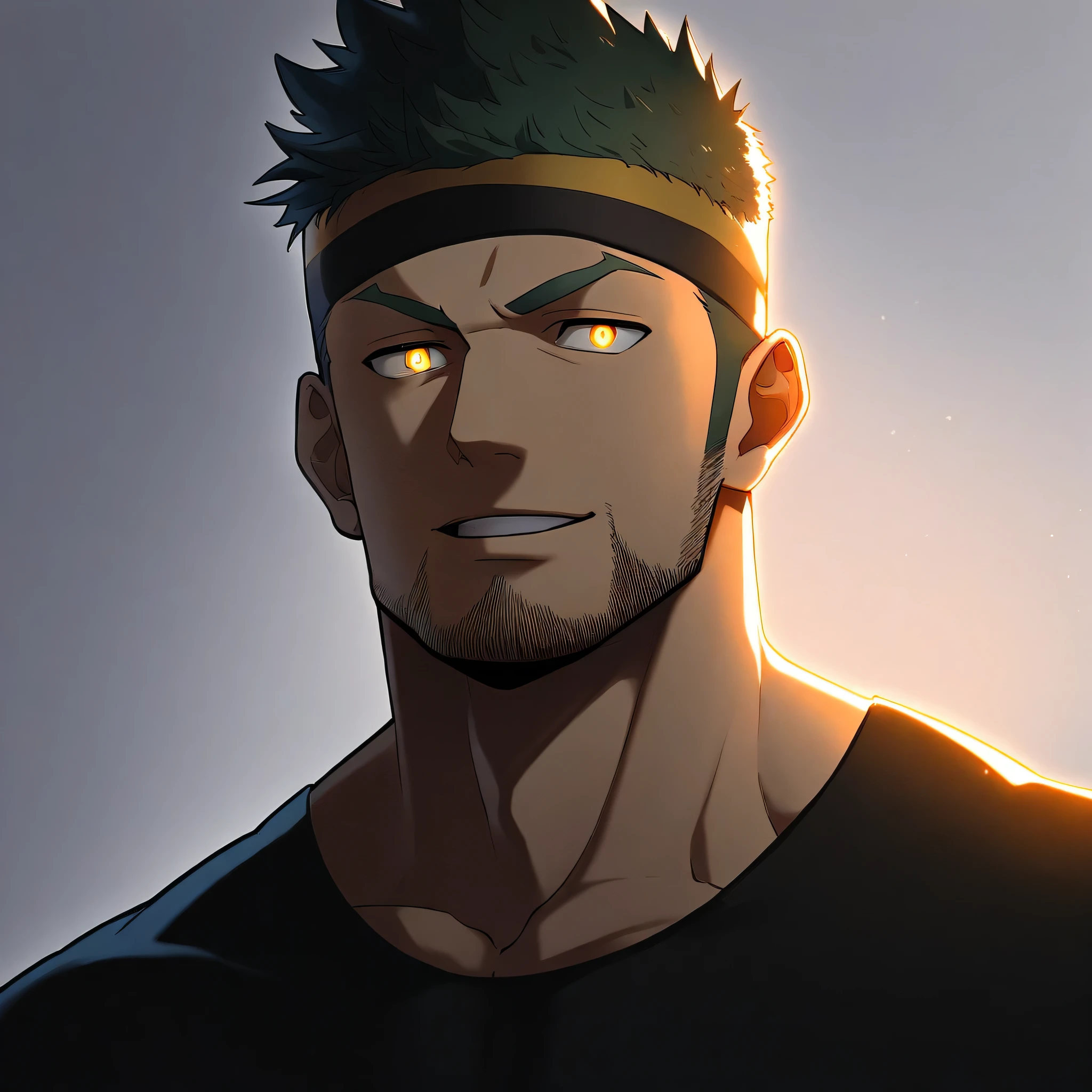 anime characters：Gyee, priapus, 1 young muscular man, male focus, sports Black headband, Black tight T-shirt, muscular male, muscular, only, Upper body, alone, Black short hair, Thick eyebrows, stubble, Yellow eyes, White background, simple background, amazing quality, best aesthetics, Ridiculous, bright pupils, crew cut, naughty face, torogao, parted lips, chiaroscuro, cinematic lighting, best quality