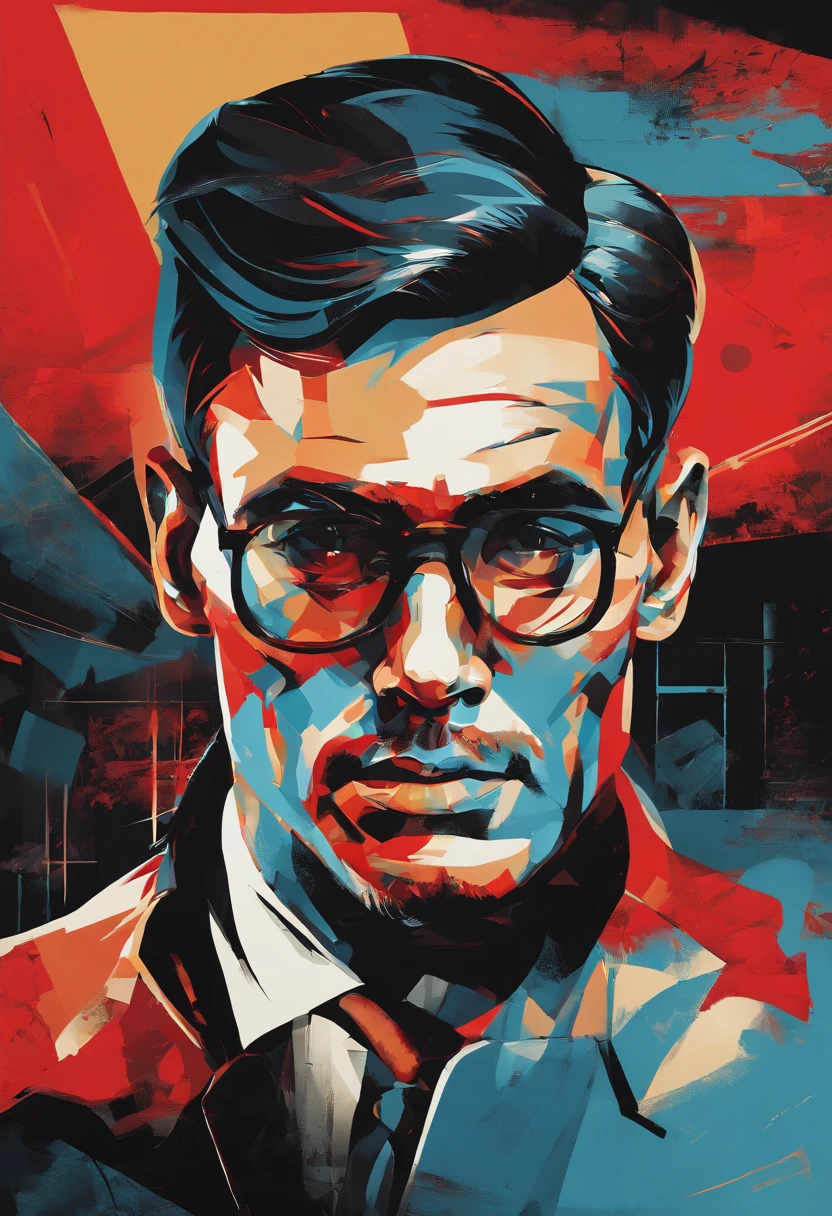 Create a contemporary portrait of a man with sharp features, using a bold and graphic style. Use vibrant, contrasting colors with a strong emphasis on red and blue hues. The background should be a neutral, pale beige or light peach color. The face should be at a slight angle, with clean lines and blocks of color to define the facial structure. Ensure the expression is intense, and the overall composition has a modern, pop-art feel. The painting should capture the interplay between light and shadow with striking contrasts