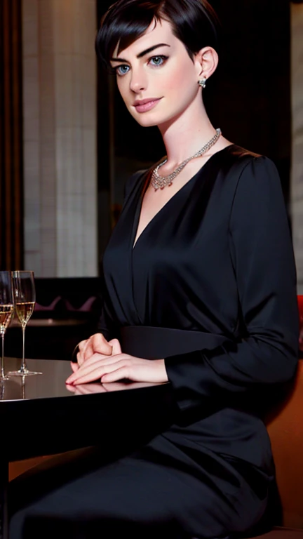 Anne Hathaway, short cut, black hair, wearing a long silver evening dress in a high-class restaurant, sitting on a chair, earrings, necklace, ring, bracelet,